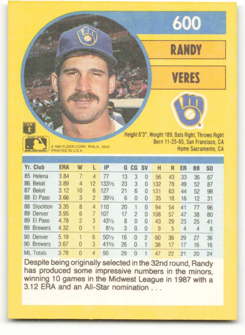 1991 Fleer Baseball #600 Randy Veres Milwaukee Brewers Image 2