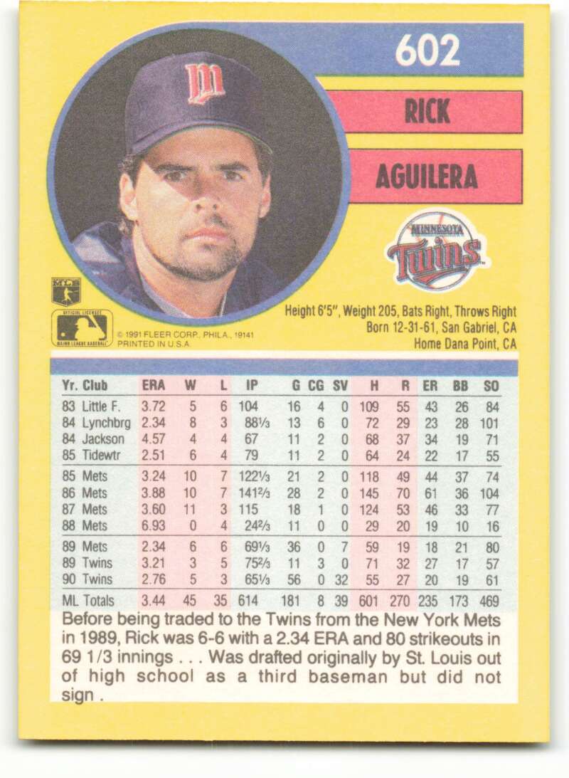 1991 Fleer Baseball #602 Rick Aguilera Minnesota Twins Image 2