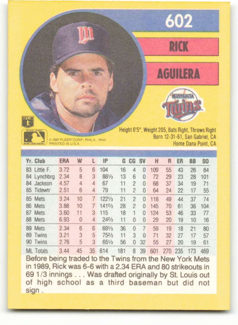 1991 Fleer Baseball #602 Rick Aguilera  Minnesota Twins  Image 2