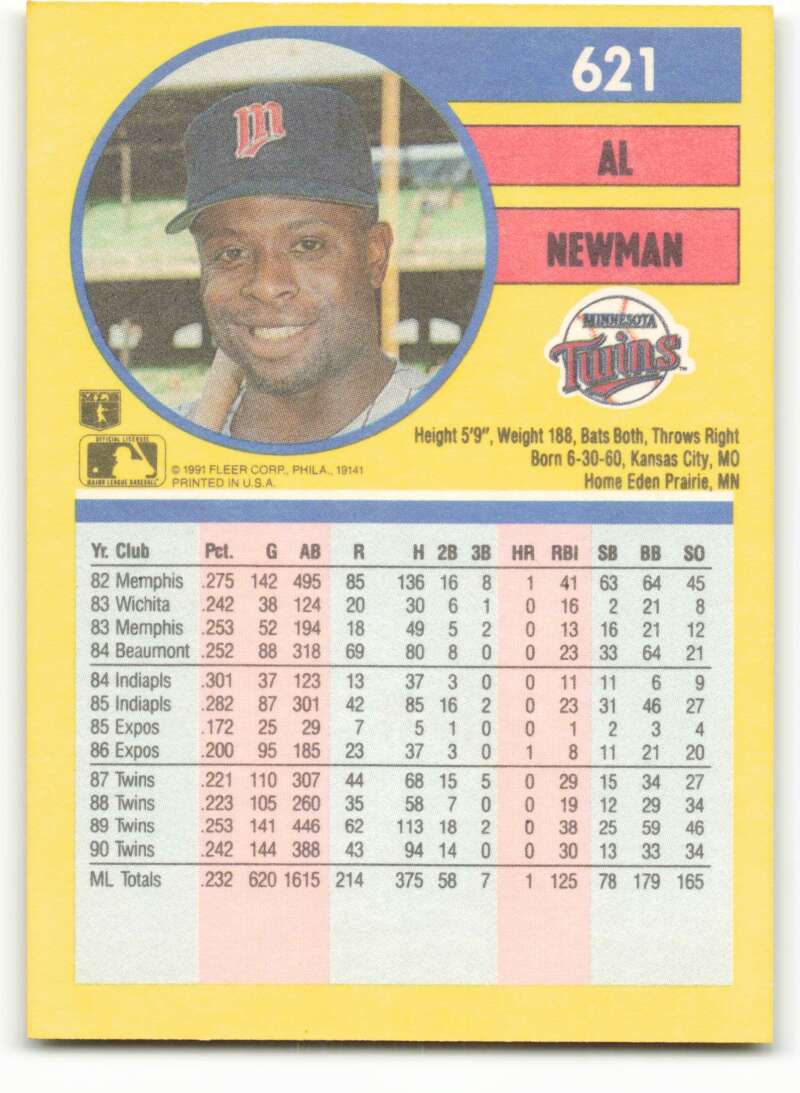 1991 Fleer Baseball #621 Al Newman Minnesota Twins Image 2