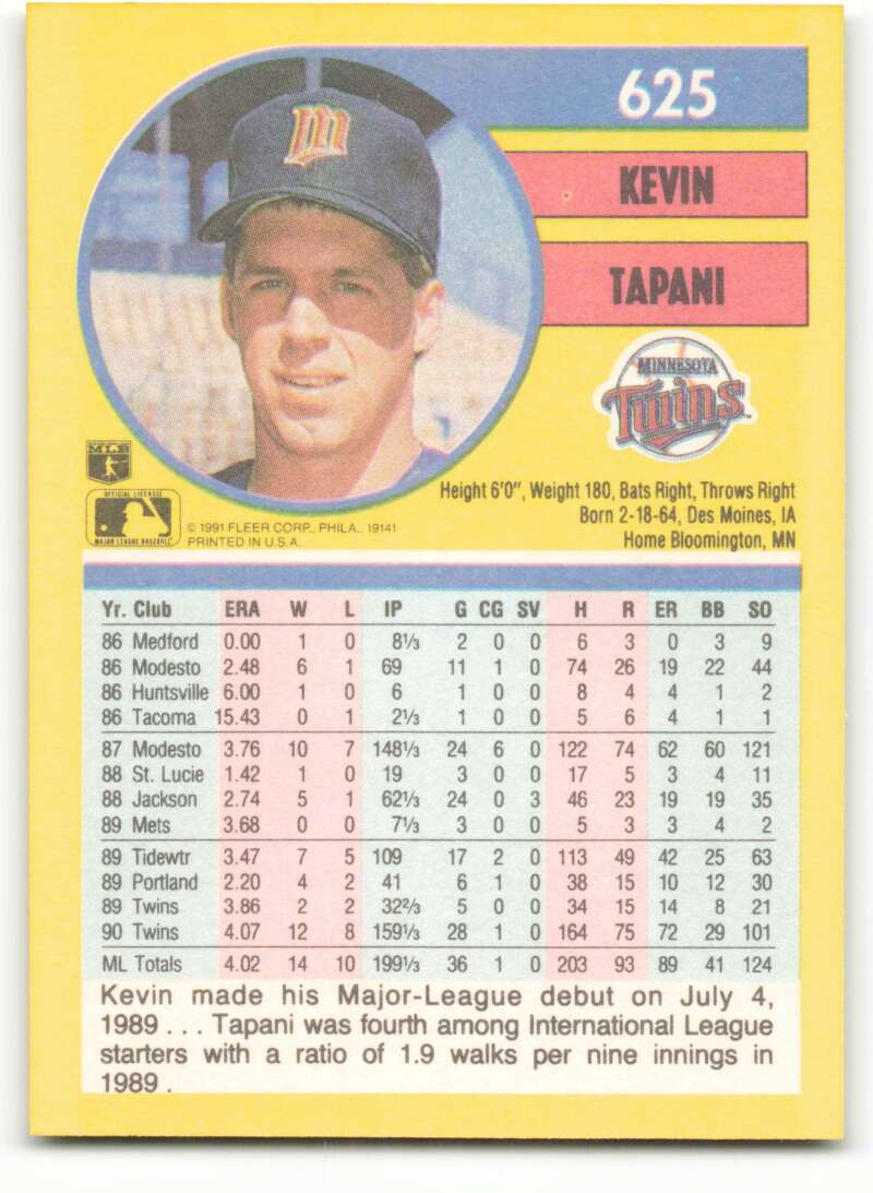 1991 Fleer Baseball #625 Kevin Tapani  Minnesota Twins  Image 2