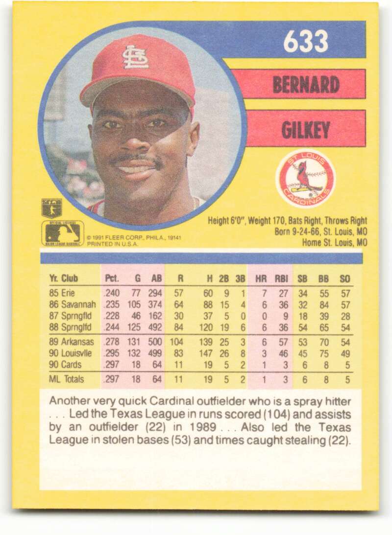 1991 Fleer Baseball #633 Bernard Gilkey  St. Louis Cardinals  Image 2