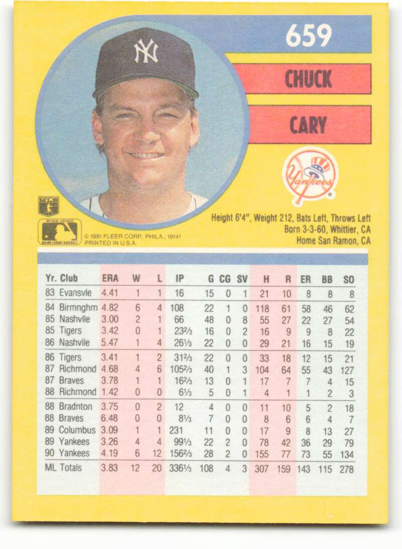 1991 Fleer Baseball #659 Chuck Cary New York Yankees Image 2