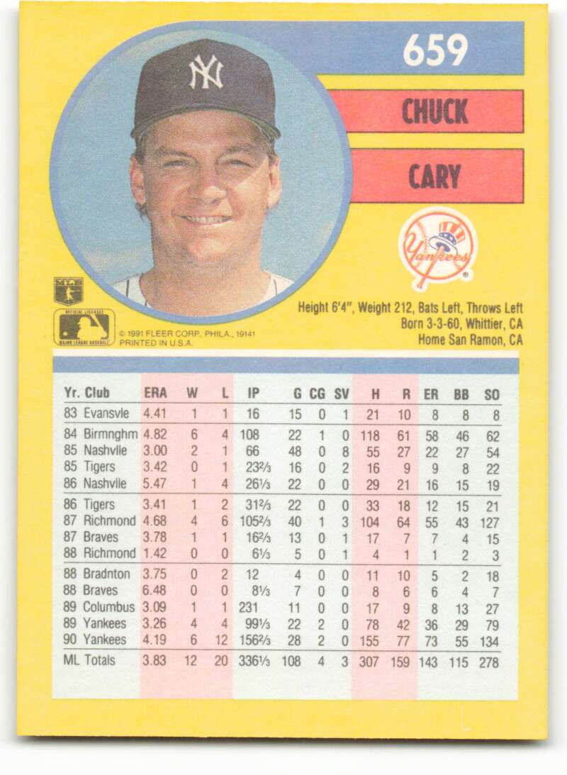 1991 Fleer Baseball #659 Chuck Cary  New York Yankees  Image 2