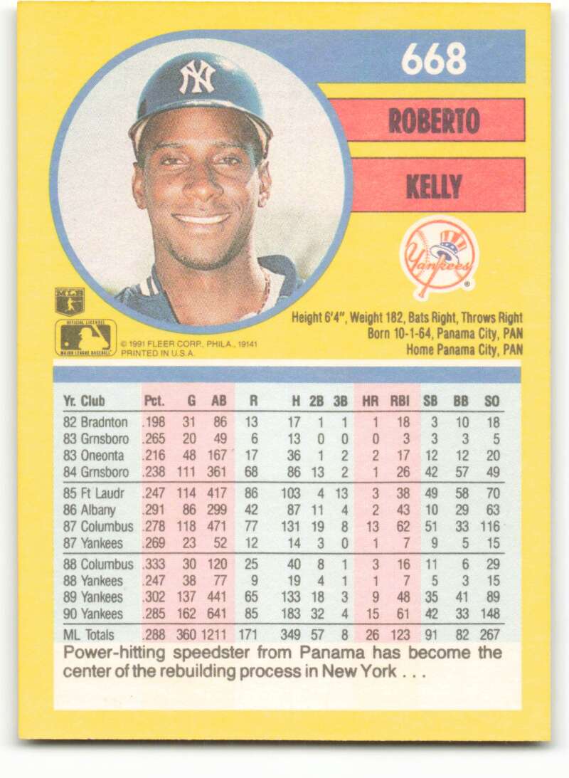 1991 Fleer Baseball #668 Roberto Kelly New York Yankees Image 2