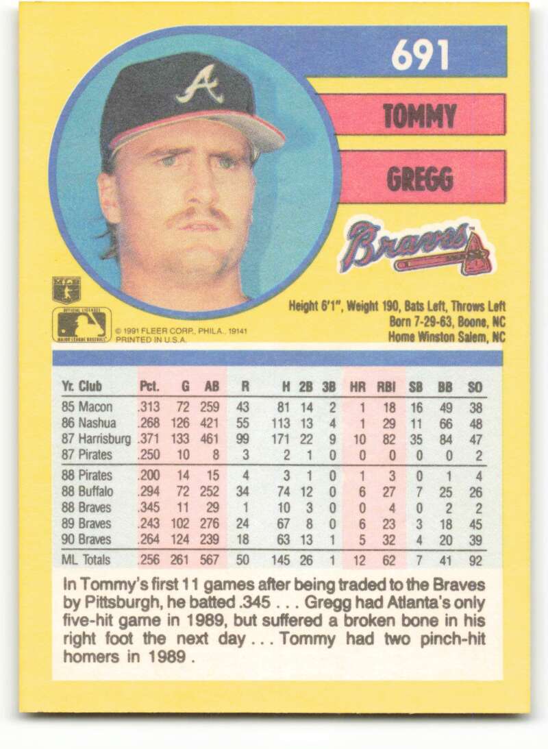 1991 Fleer Baseball #691 Tommy Gregg Atlanta Braves Image 2