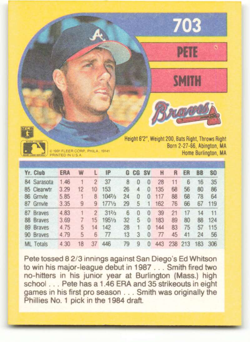 1991 Fleer Baseball #703 Pete Smith  Atlanta Braves  Image 2