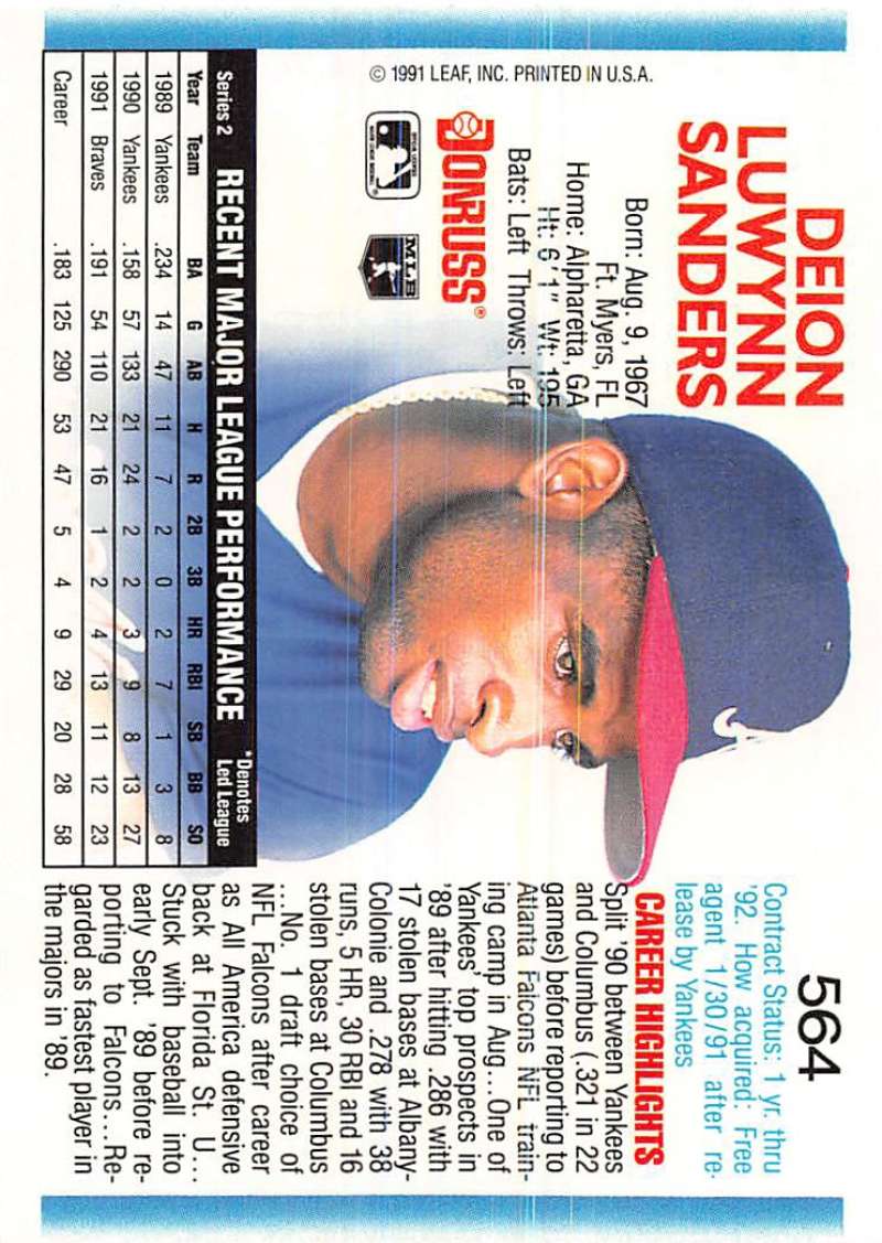 1992 Donruss Baseball #564 Deion Sanders Atlanta Braves Image 2