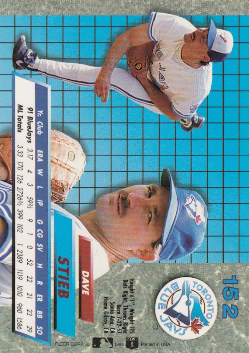 1992 Fleer Ultra Baseball #152 Dave Stieb Toronto Blue Jays Image 2