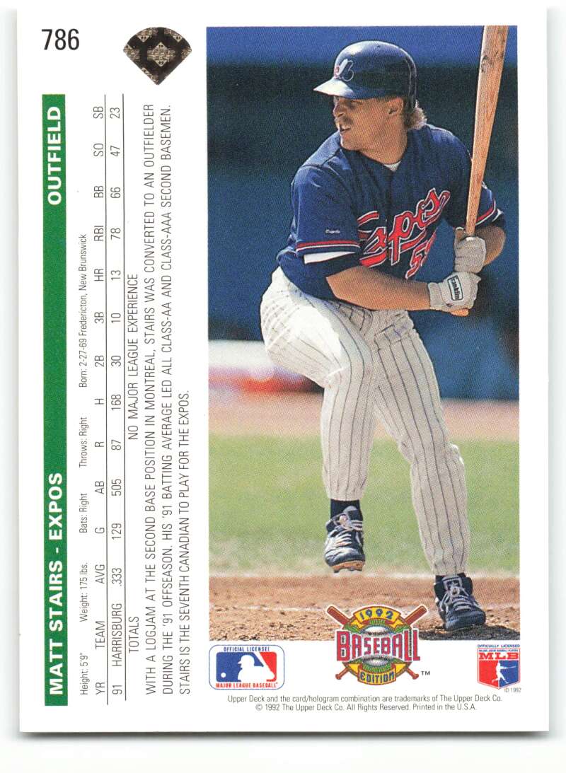 1992 Upper Deck #786 Matt Stairs RC Rookie Montreal Expos Image 2