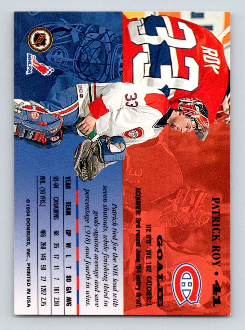 1994-95 Leaf #41 Patrick Roy Montreal Canadiens Image 2