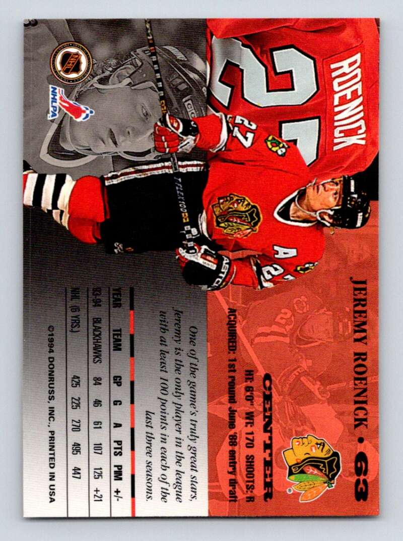 1994-95 Leaf #63 Jeremy Roenick Chicago Blackhawks Image 2