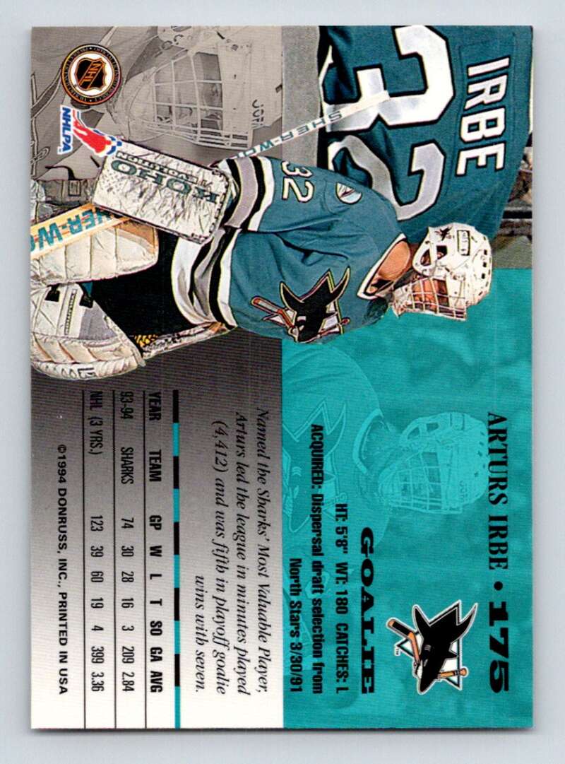 1994-95 Leaf #175 Arturs Irbe San Jose Sharks Image 2