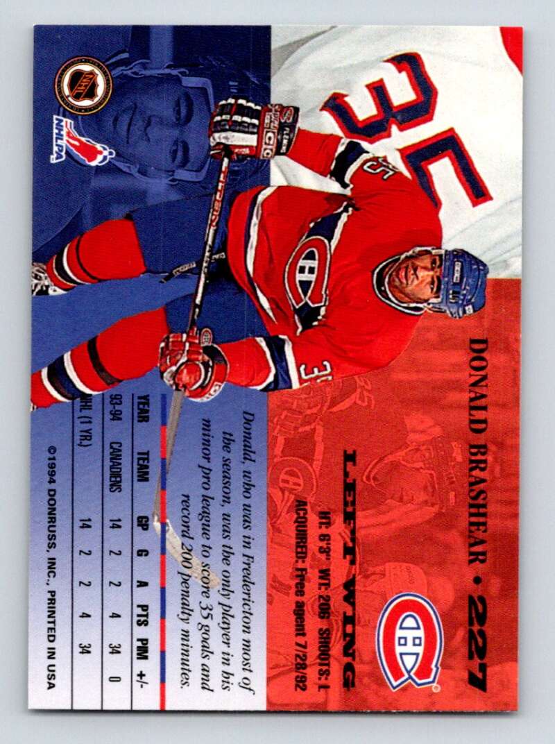1994-95 Leaf #227 Donald Brashear RC Rookie Montreal Canadiens Image 2