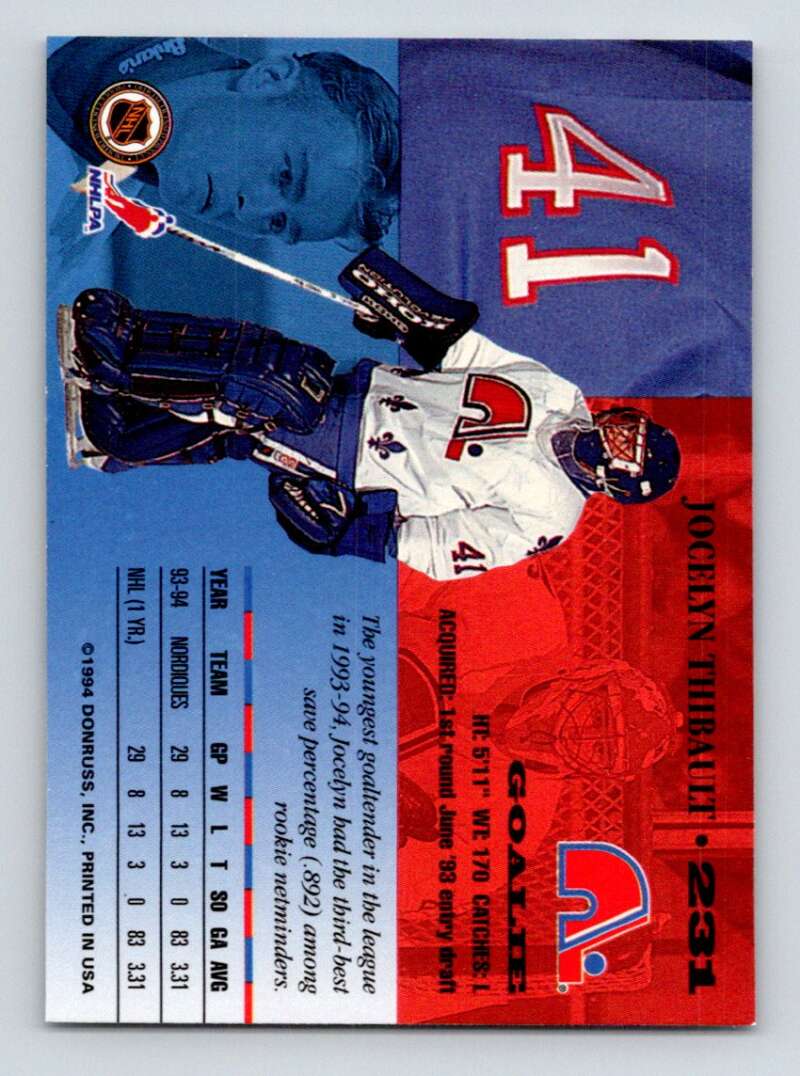 1994-95 Leaf #231 Jocelyn Thibault Quebec Nordiques Image 2
