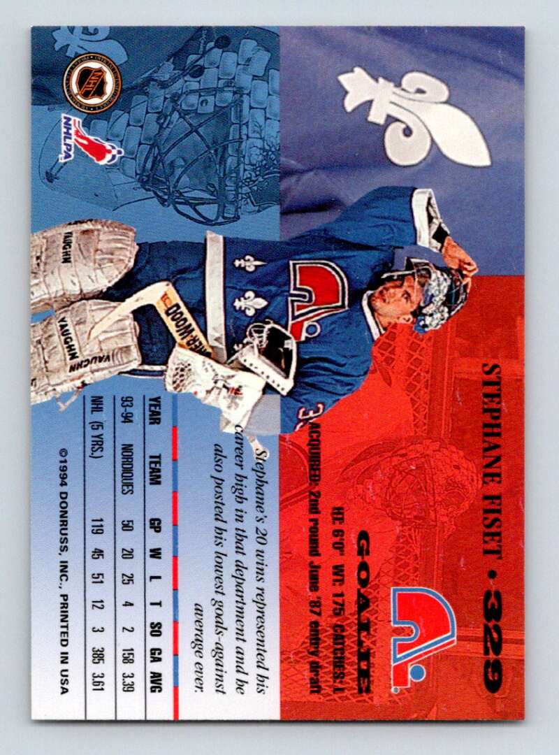 1994-95 Leaf #329 Stephane Fiset Quebec Nordiques Image 2