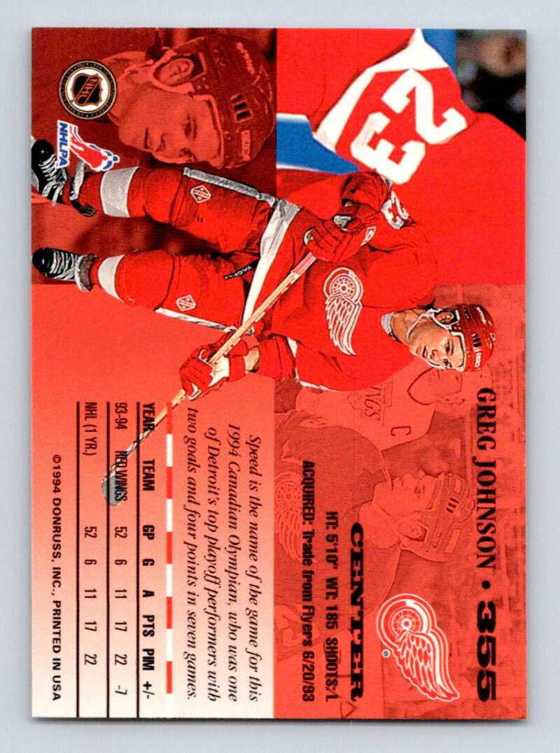 1994-95 Leaf #355 Greg Johnson Detroit Red Wings Image 2