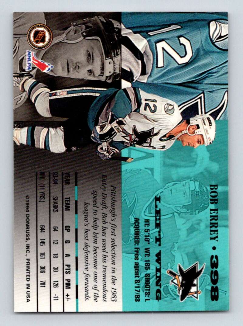 1994-95 Leaf #398 Bob Errey San Jose Sharks Image 2