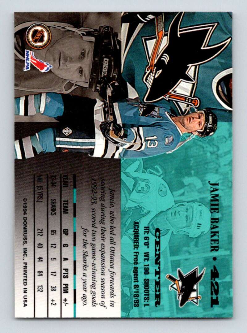 1994-95 Leaf #421 Jamie Baker San Jose Sharks Image 2