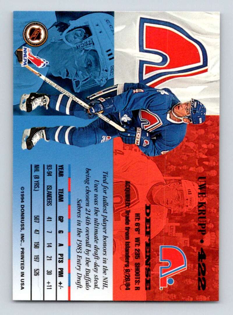 1994-95 Leaf #422 Uwe Krupp Quebec Nordiques Image 2