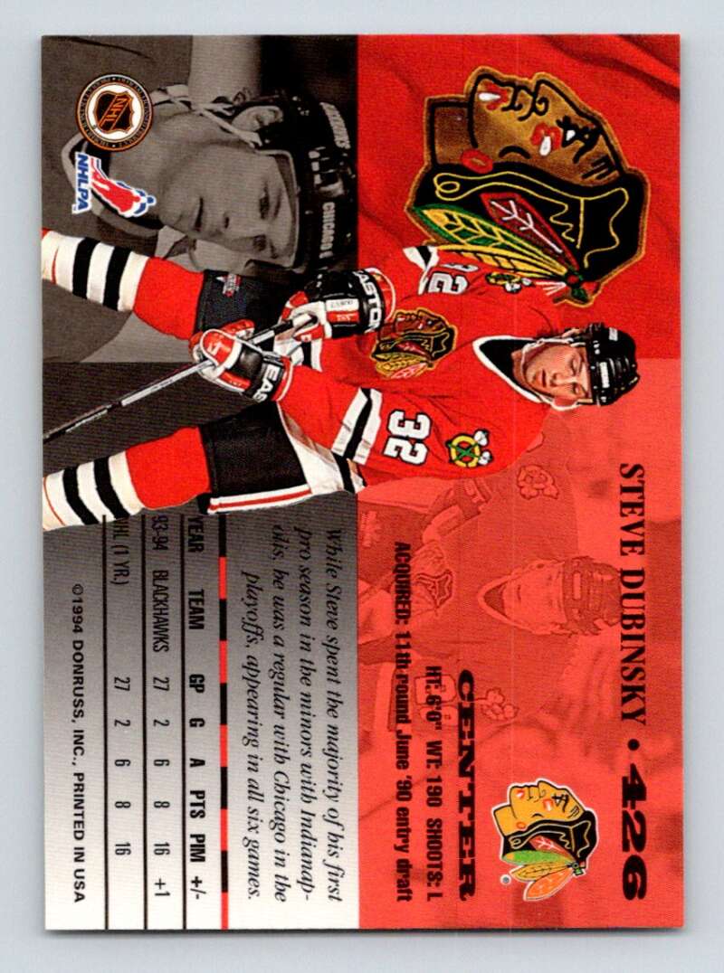 1994-95 Leaf #426 Steve Dubinsky Chicago Blackhawks Image 2