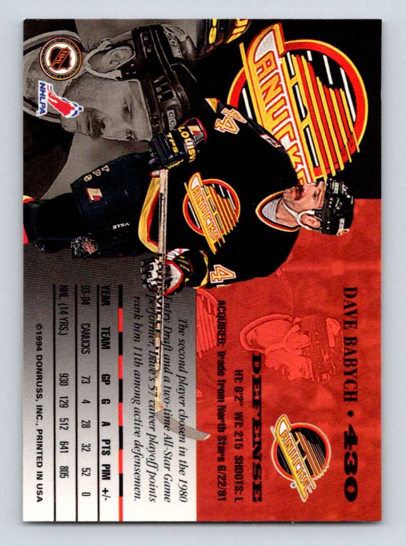 1994-95 Leaf #430 Dave Babych Vancouver Canucks Image 2