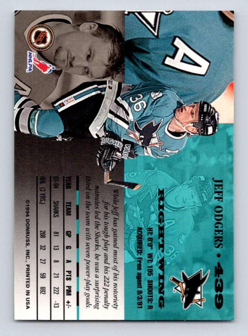 1994-95 Leaf #439 Jeff Odgers San Jose Sharks Image 2