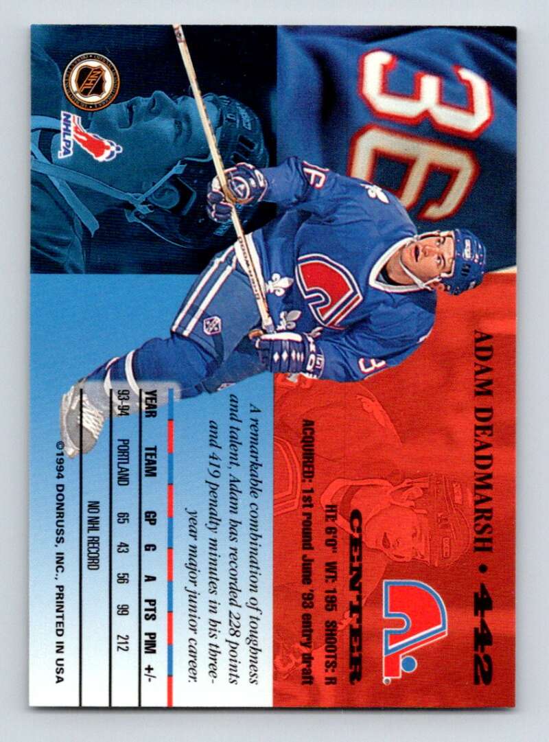 1994-95 Leaf #442 Adam Deadmarsh Quebec Nordiques Image 2