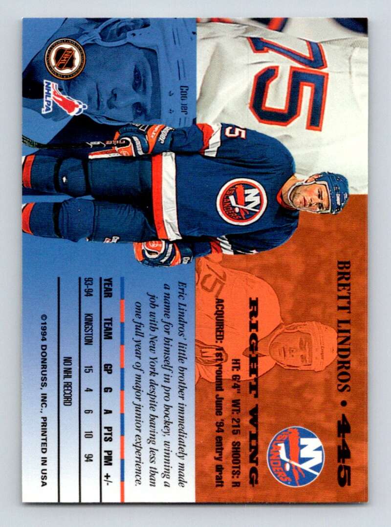 1994-95 Leaf #445 Brett Lindros New York Islanders Image 2