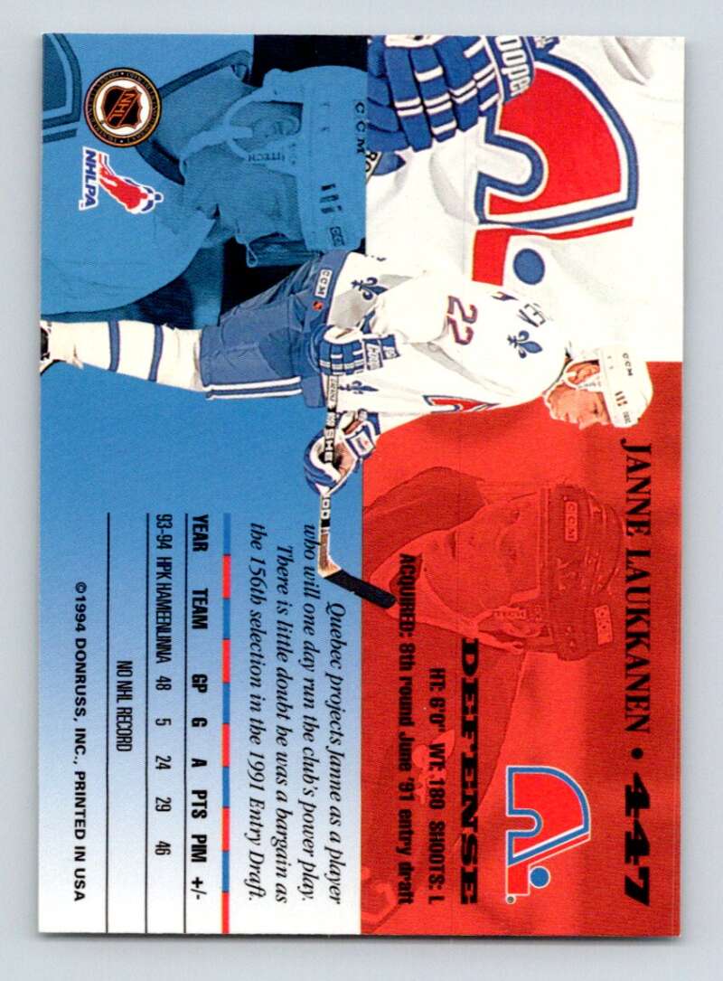 1994-95 Leaf #447 Janne Laukkanen Quebec Nordiques Image 2