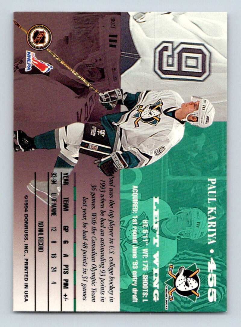 1994-95 Leaf #455 Paul Kariya Anaheim Ducks Image 2