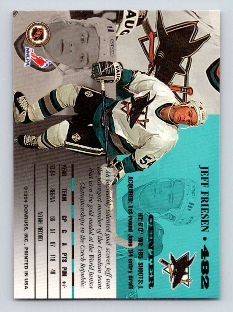 1994-95 Leaf #482 Jeff Friesen San Jose Sharks Image 2