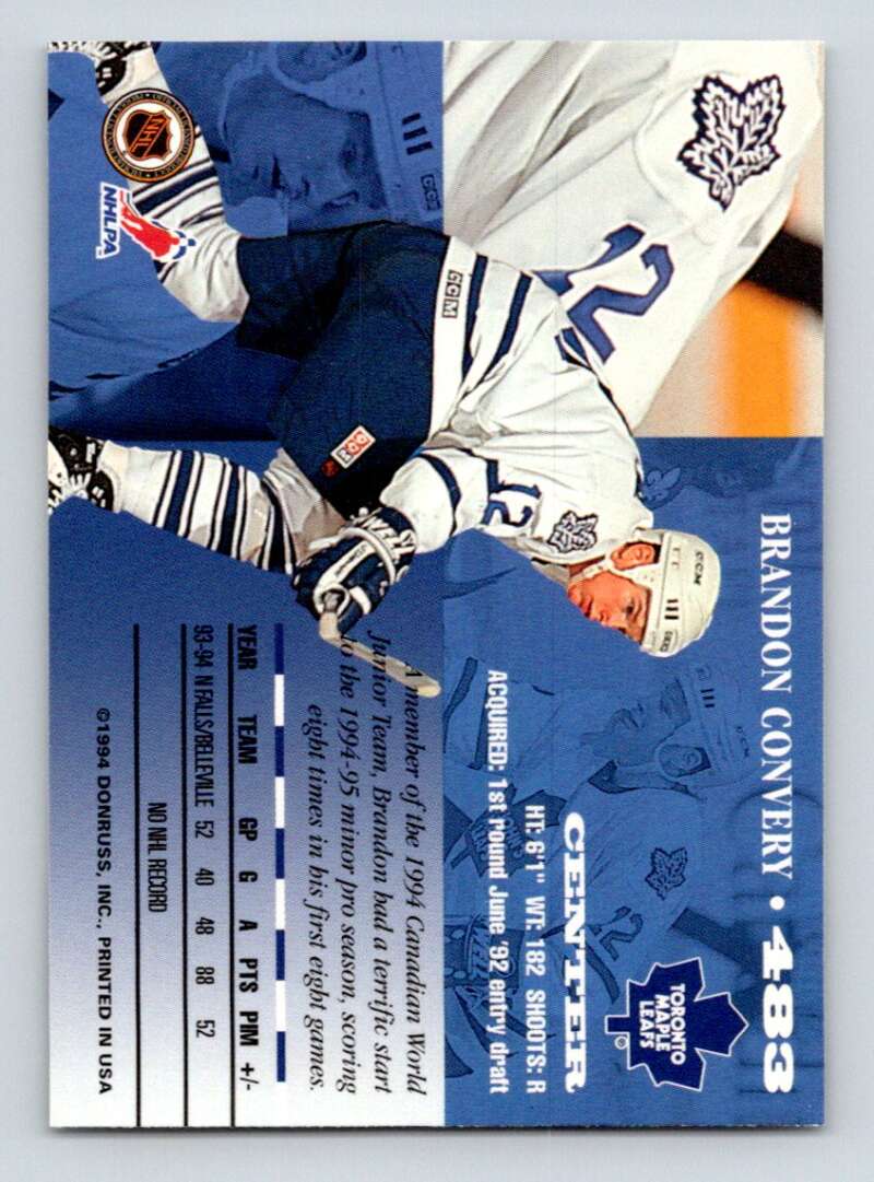 1994-95 Leaf #483 Brandon Convery Toronto Maple Leafs Image 2