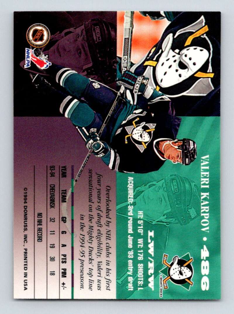 1994-95 Leaf #486 Valeri Karpov RC Rookie Anaheim Ducks Image 2