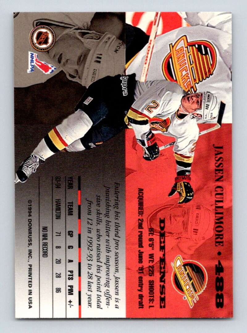 1994-95 Leaf #488 Jassen Cullimore Vancouver Canucks Image 2