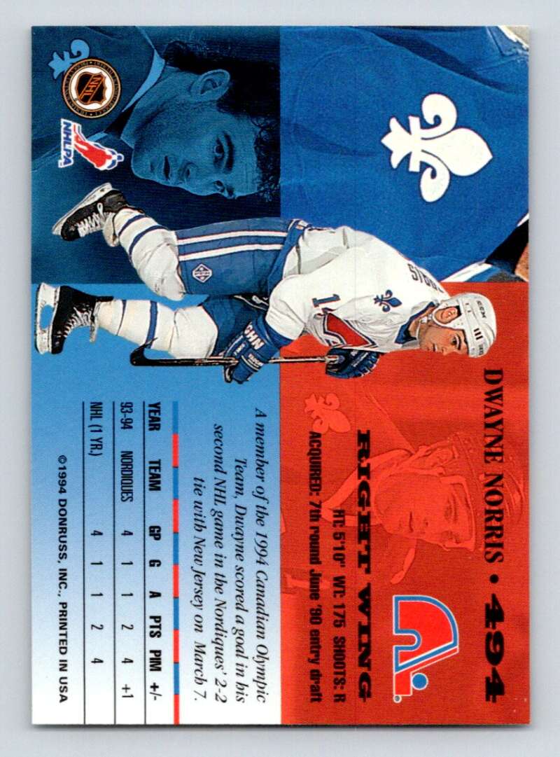 1994-95 Leaf #494 Dwayne Norris Quebec Nordiques Image 2