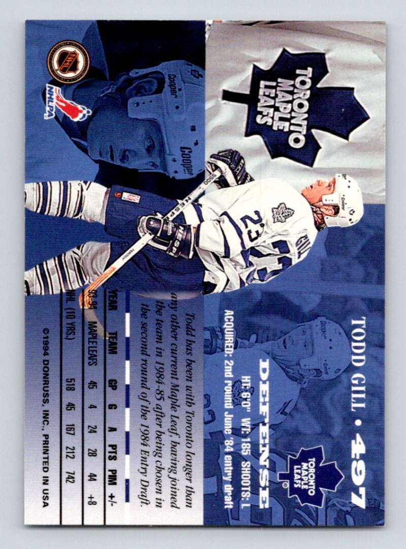 1994-95 Leaf #497 Todd Gill Toronto Maple Leafs Image 2
