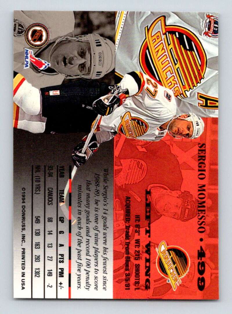 1994-95 Leaf #499 Sergio Momesso Vancouver Canucks Image 2
