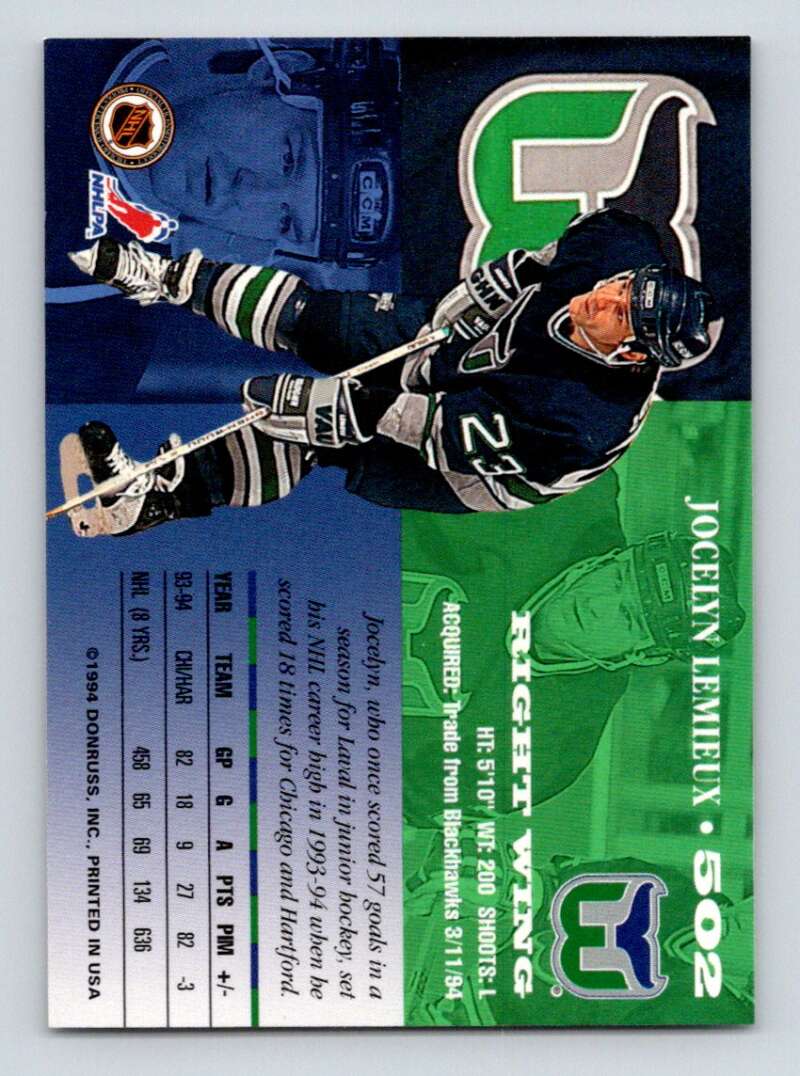 1994-95 Leaf #502 Jocelyn Lemieux Hartford Whalers Image 2