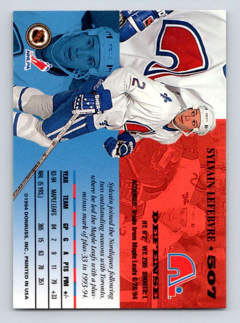 1994-95 Leaf #507 Sylvain Lefebvre Quebec Nordiques Image 2