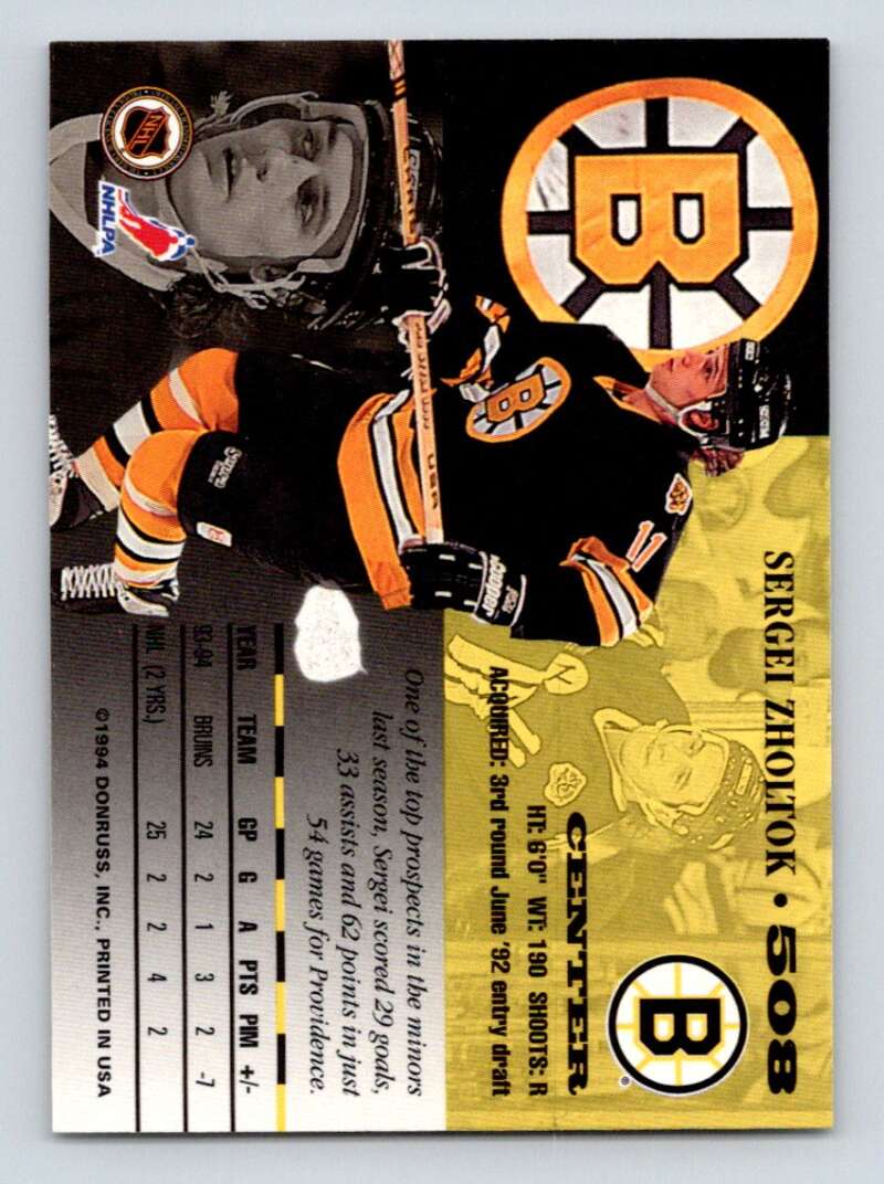 1994-95 Leaf #508 Sergei Zholtok Boston Bruins Image 2