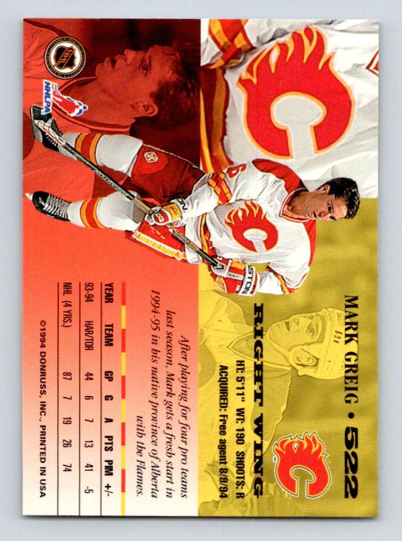 1994-95 Leaf #522 Mark Greig Calgary Flames Image 2
