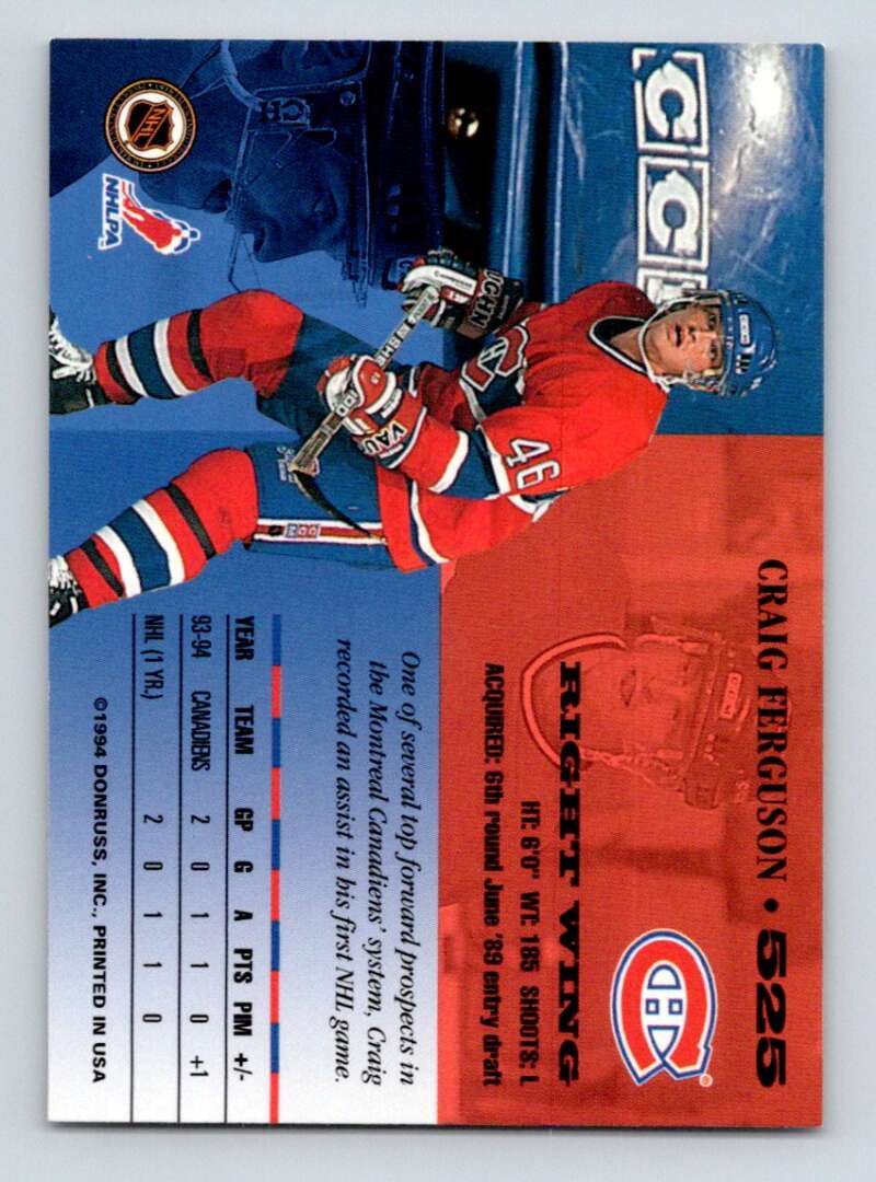 1994-95 Leaf #525 Craig Ferguson RC Rookie Montreal Canadiens Image 2