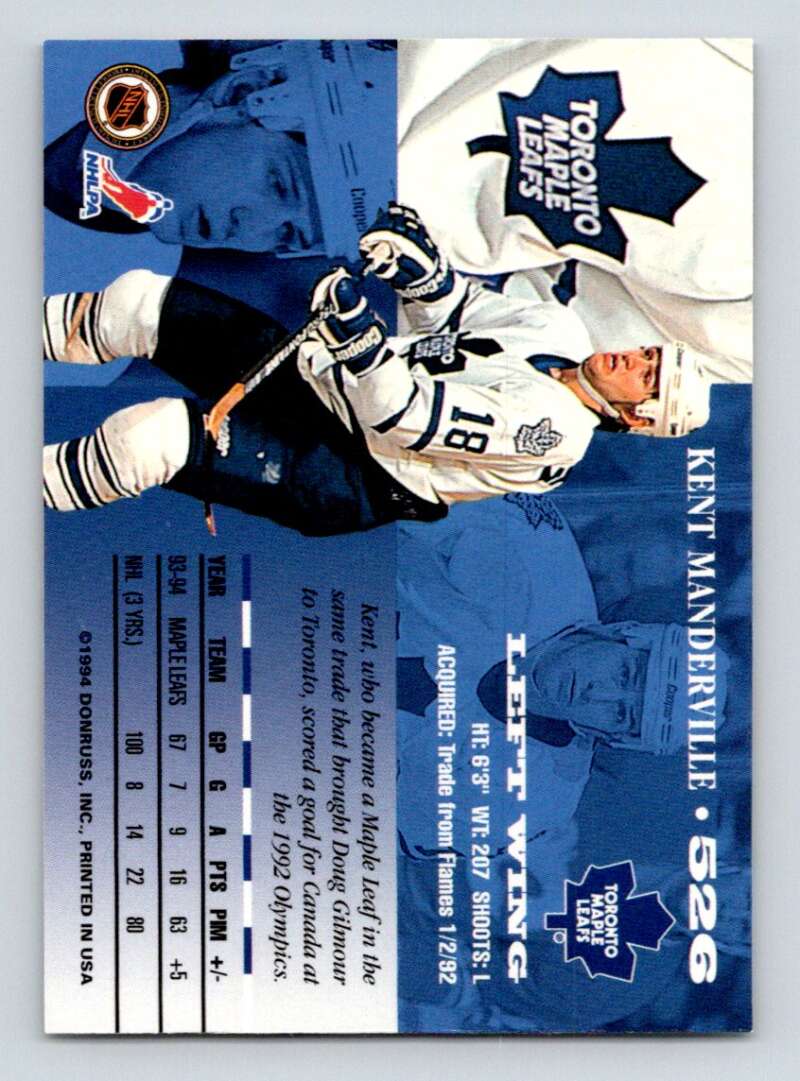 1994-95 Leaf #526 Kent Manderville Toronto Maple Leafs Image 2