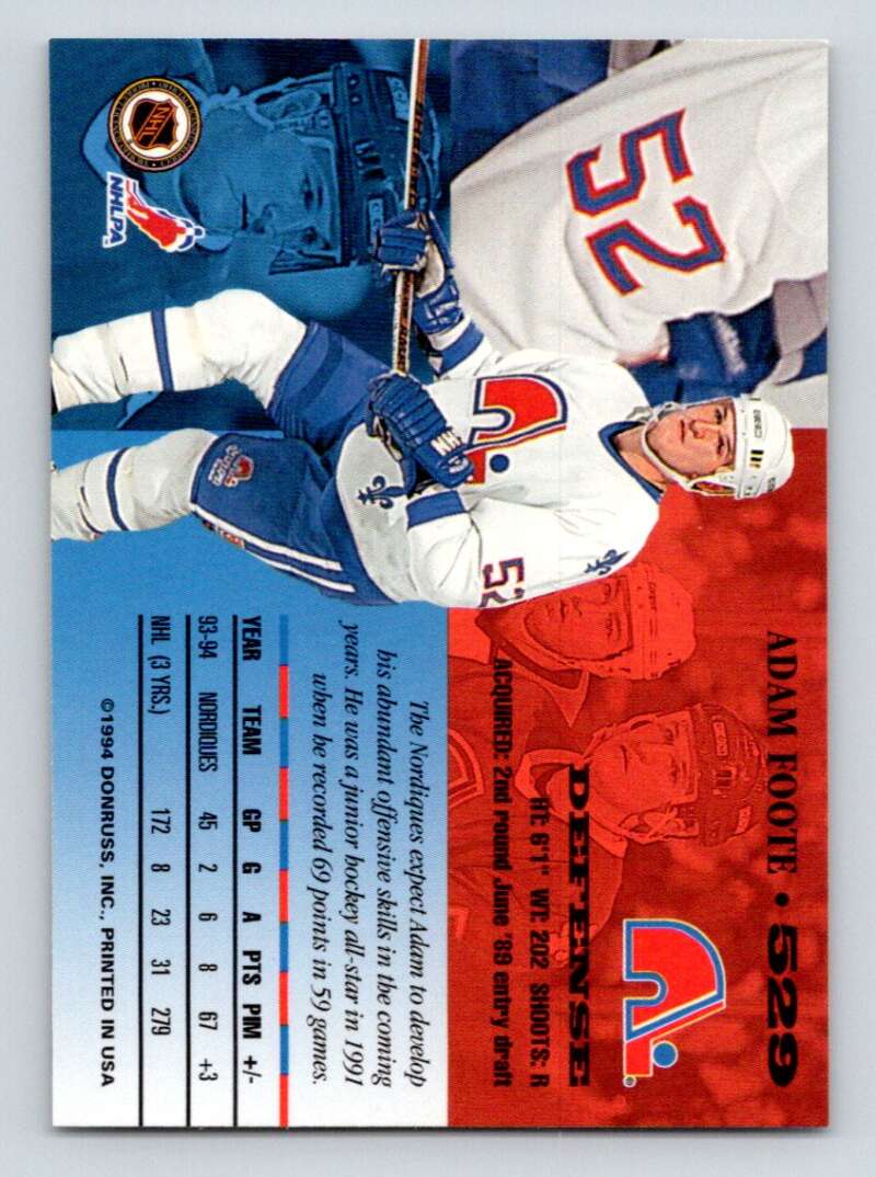 1994-95 Leaf #529 Adam Foote Quebec Nordiques Image 2