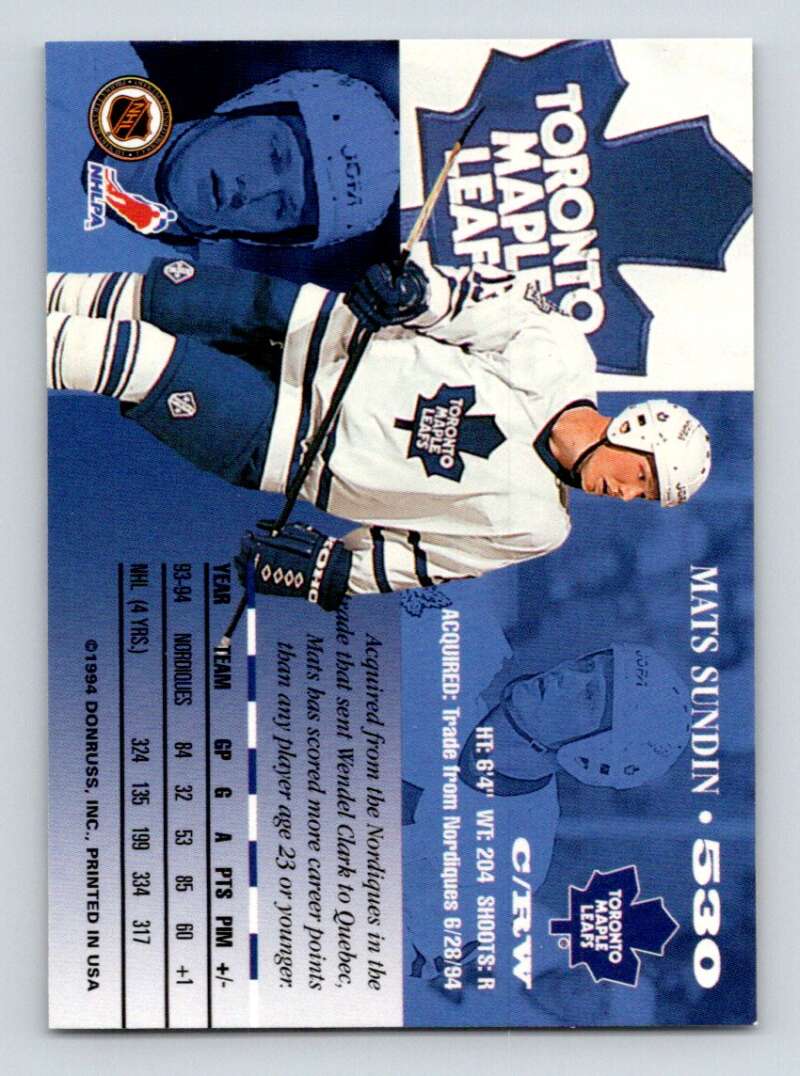 1994-95 Leaf #530 Mats Sundin Toronto Maple Leafs Image 2