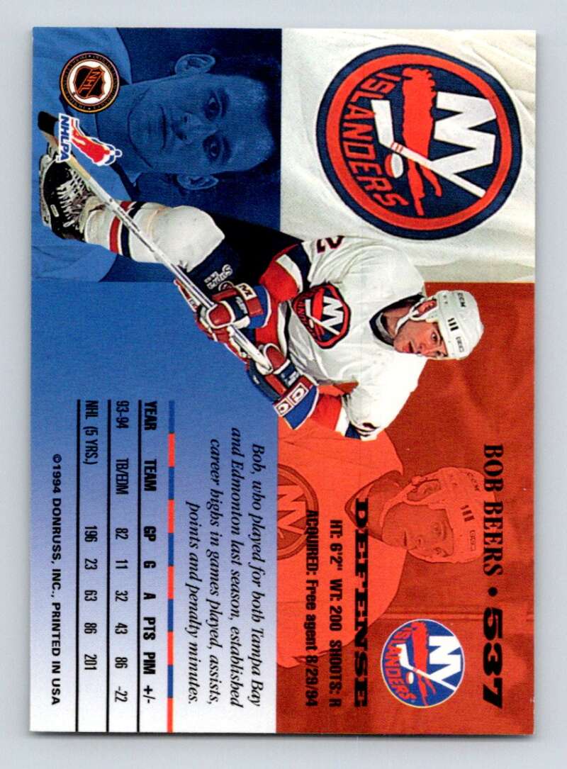 1994-95 Leaf #537 Bob Beers New York Islanders Image 2