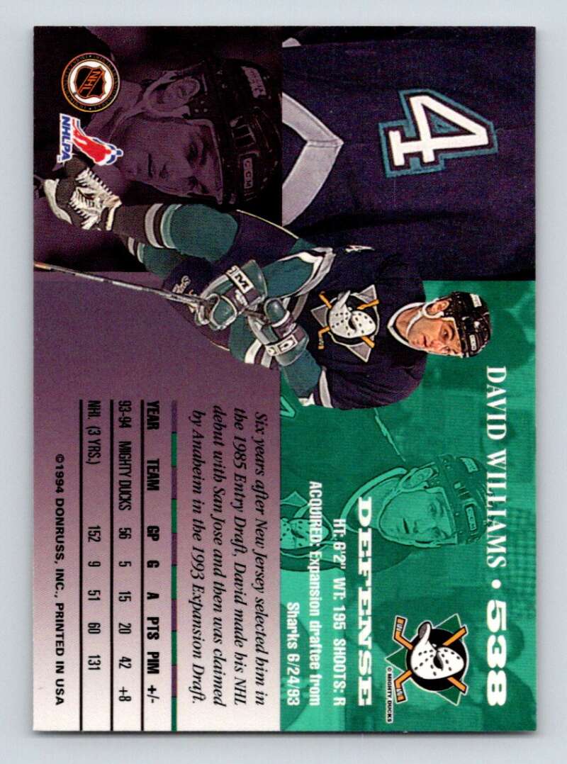 1994-95 Leaf #538 David Williams Anaheim Ducks Image 2
