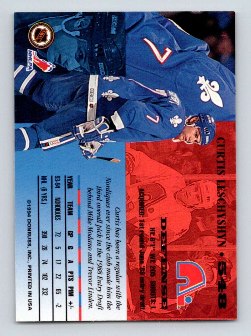 1994-95 Leaf #548 Curtis Leschyshyn Quebec Nordiques Image 2