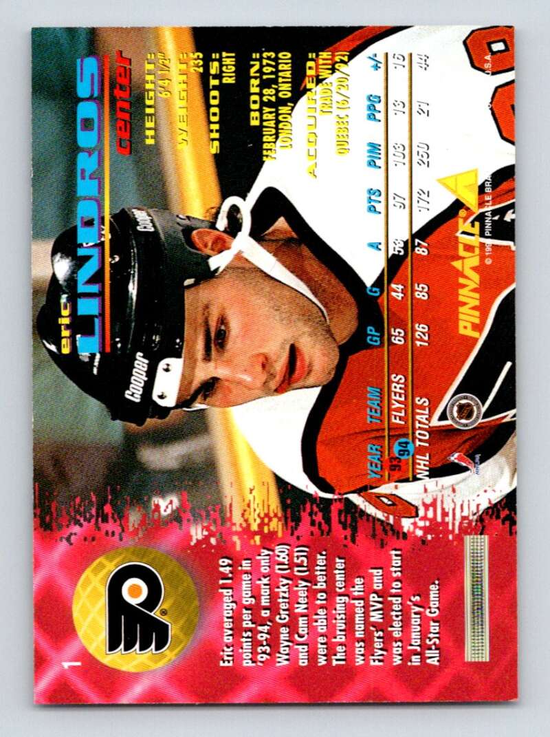 1994-95 Pinnacle #1 Eric Lindros  Philadelphia Flyers  Image 2